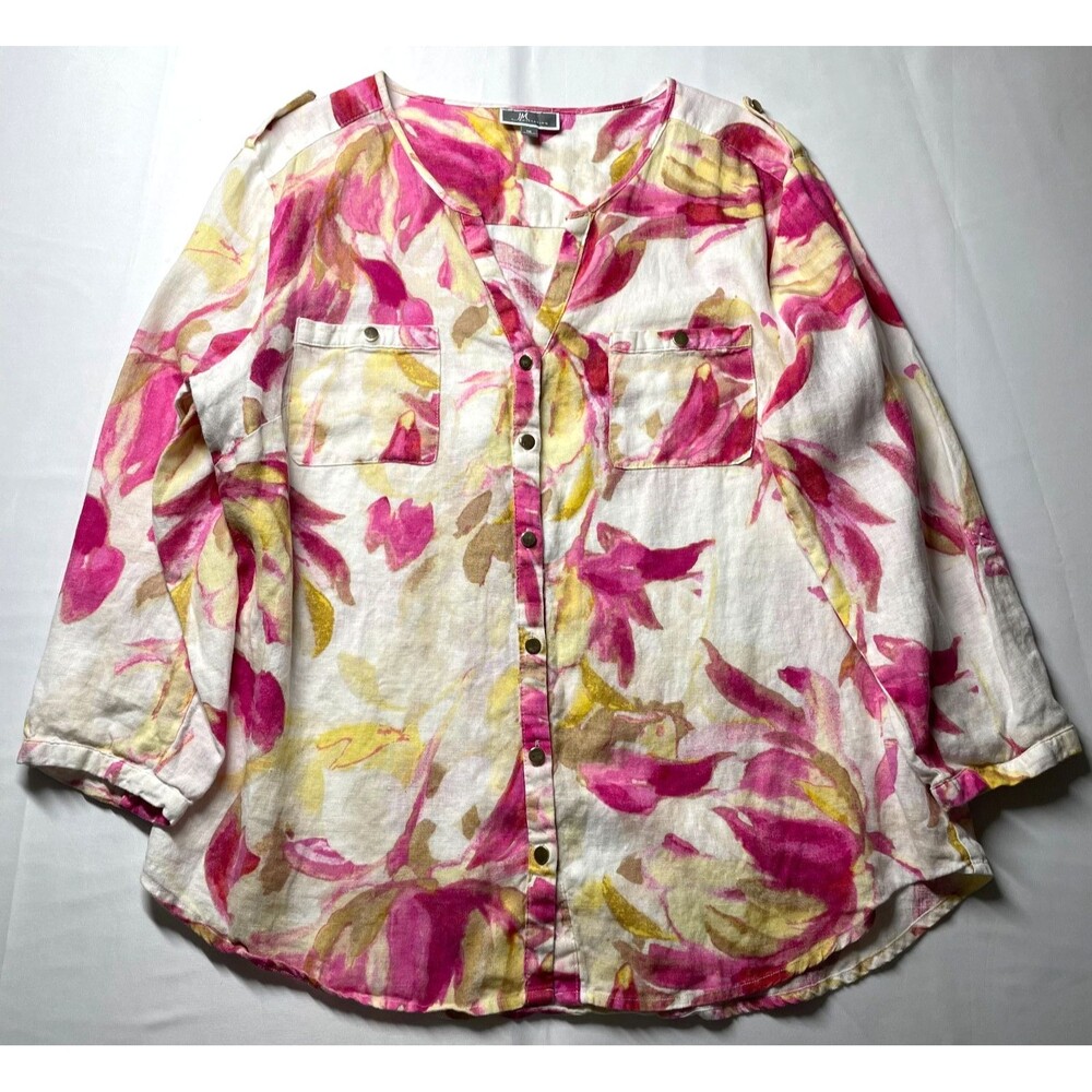 JM Collection Blouse Womens 16 100% Linen Pink Floral Button Front Roll Tab